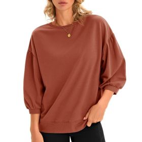 Fisoew Womens Puff Sleeve Sweatshirts Casual Crewneck Sleeve Loose Fit Fall Pullover Tops (Option: Brown-L)