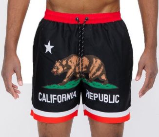 California CA Bear Swim Trunks Board Shorts (Color: Black, size: 2XL)